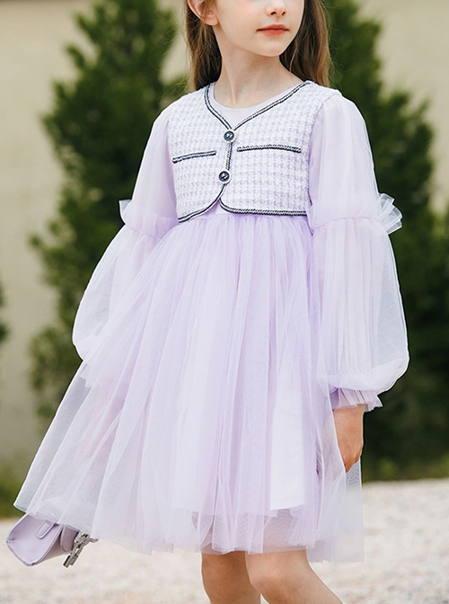 Daily Elegant Small Fragrance Style Front Button Design Sweet Lolita Kid Purple Long Sleeve Dress