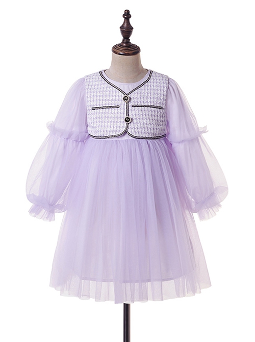 Daily Elegant Small Fragrance Style Front Button Design Sweet Lolita Kid Purple Long Sleeve Dress