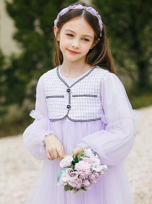 Daily Elegant Small Fragrance Style Front Button Design Sweet Lolita Kid Purple Long Sleeve Dress