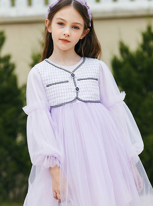 Daily Elegant Small Fragrance Style Front Button Design Sweet Lolita Kid Purple Long Sleeve Dress