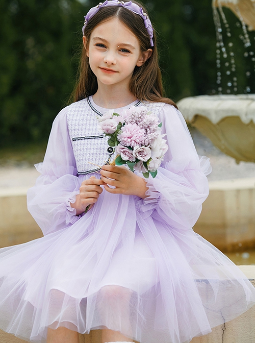 Daily Elegant Small Fragrance Style Front Button Design Sweet Lolita Kid Purple Long Sleeve Dress