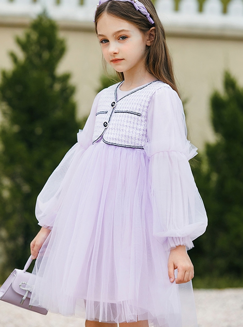 Daily Elegant Small Fragrance Style Front Button Design Sweet Lolita Kid Purple Long Sleeve Dress