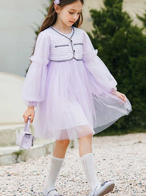 Daily Elegant Small Fragrance Style Front Button Design Sweet Lolita Kid Purple Long Sleeve Dress