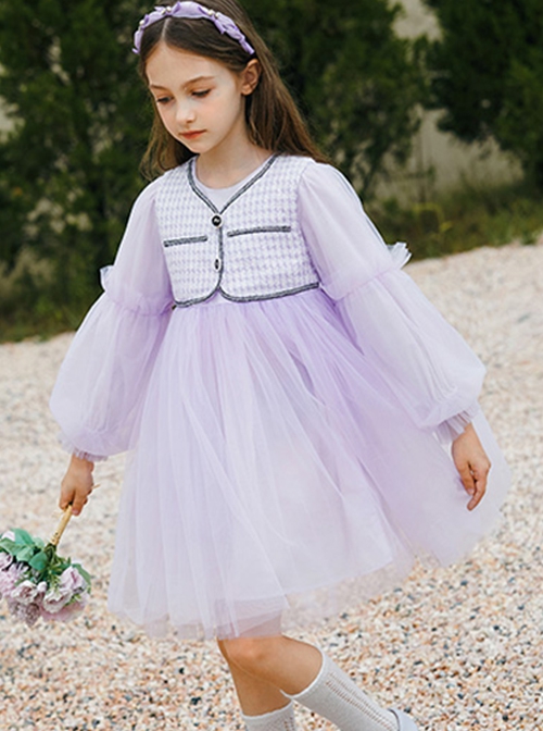 Daily Elegant Small Fragrance Style Front Button Design Sweet Lolita Kid Purple Long Sleeve Dress