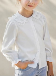 All Match daily Pearl Embellished Lace Lapel Ruffle Cuff Sweet Lolita Kid White Long Sleeve Shirt