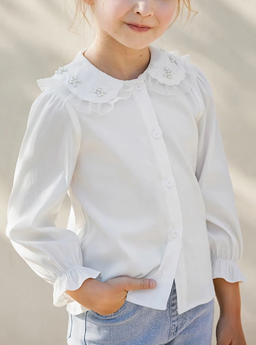 All Match daily Pearl Embellished Lace Lapel Ruffle Cuff Sweet Lolita Kid White Long Sleeve Shirt