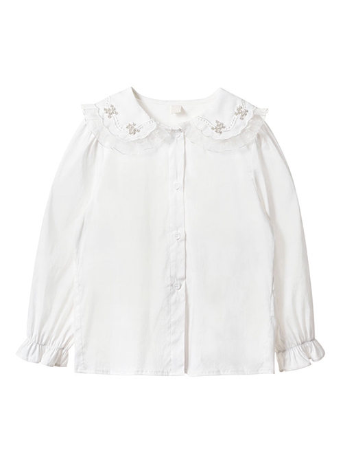 All Match daily Pearl Embellished Lace Lapel Ruffle Cuff Sweet Lolita Kid White Long Sleeve Shirt