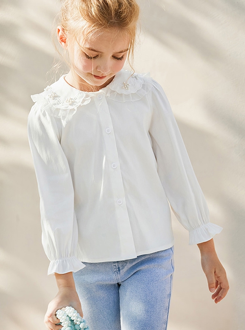 All Match daily Pearl Embellished Lace Lapel Ruffle Cuff Sweet Lolita Kid White Long Sleeve Shirt