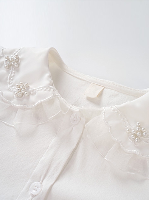 All Match daily Pearl Embellished Lace Lapel Ruffle Cuff Sweet Lolita Kid White Long Sleeve Shirt