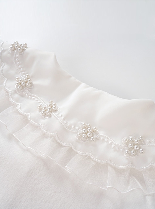 All Match daily Pearl Embellished Lace Lapel Ruffle Cuff Sweet Lolita Kid White Long Sleeve Shirt