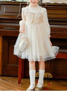 Fresh Princess Small Fragrance Style Bowknot Pearl Decoration Star Gauze Design Embroidery sweet Lolita Kid Champagne Gold Long Sleeve Dress