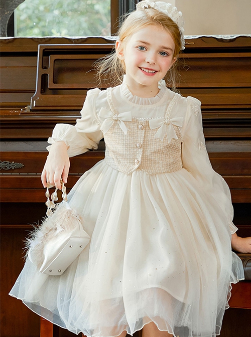 Fresh Princess Small Fragrance Style Bowknot Pearl Decoration Star Gauze Design Embroidery sweet Lolita Kid Champagne Gold Long Sleeve Dress