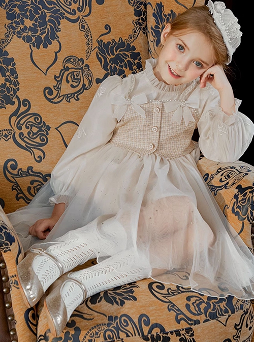 Fresh Princess Small Fragrance Style Bowknot Pearl Decoration Star Gauze Design Embroidery sweet Lolita Kid Champagne Gold Long Sleeve Dress