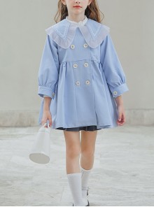 Elegant Lapel Temperament Shawl Lace Decoration Double Breasted Design Sweet Lolita Kid Blue Windbreaker Coat