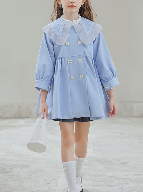 Elegant Lapel Temperament Shawl Lace Decoration Double Breasted Design Sweet Lolita Kid Blue Windbreaker Coat