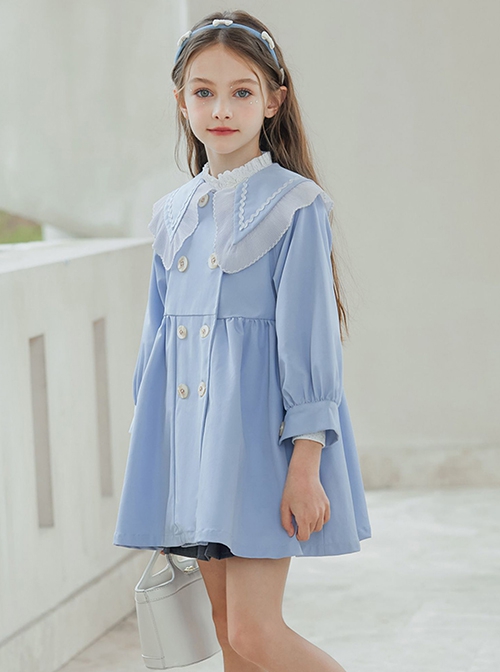 Elegant Lapel Temperament Shawl Lace Decoration Double Breasted Design Sweet Lolita Kid Blue Windbreaker Coat