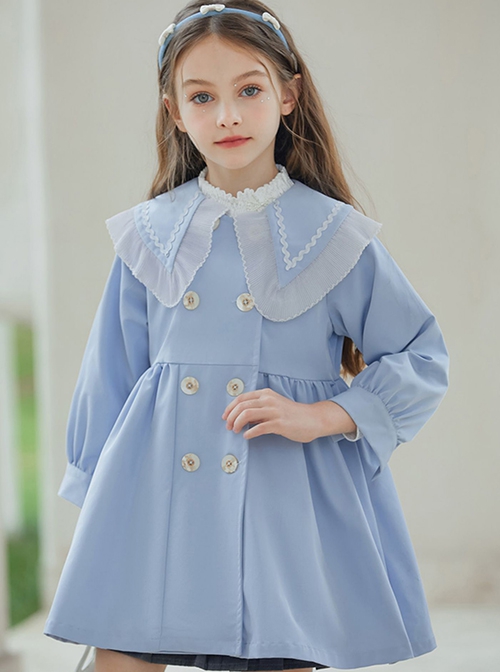 Elegant Lapel Temperament Shawl Lace Decoration Double Breasted Design Sweet Lolita Kid Blue Windbreaker Coat