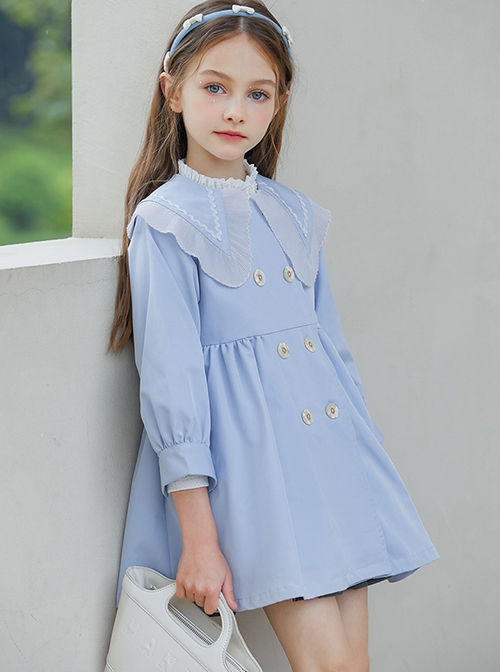 Elegant Lapel Temperament Shawl Lace Decoration Double Breasted Design Sweet Lolita Kid Blue Windbreaker Coat