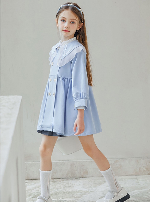 Elegant Lapel Temperament Shawl Lace Decoration Double Breasted Design Sweet Lolita Kid Blue Windbreaker Coat