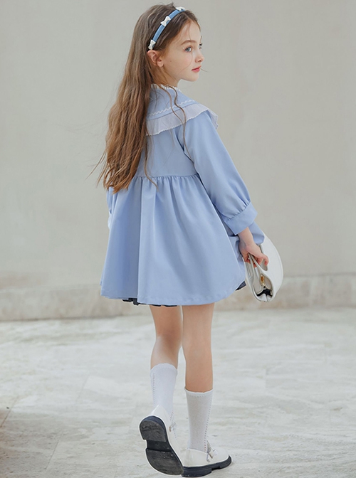 Elegant Lapel Temperament Shawl Lace Decoration Double Breasted Design Sweet Lolita Kid Blue Windbreaker Coat
