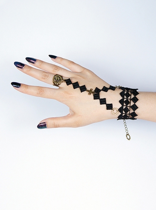 Retro Palace Style Alt Outfit Black Grid Lace Metal Ring Peace Knot Design Punk Lolita Ring Bracelet