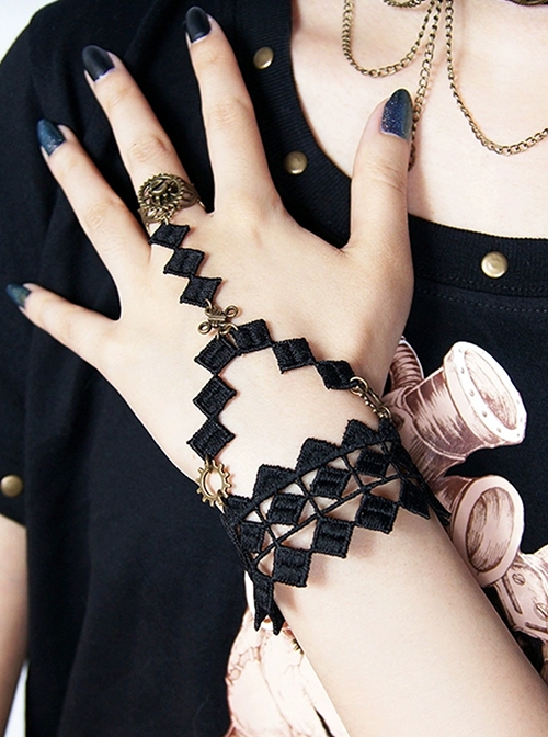 Retro Palace Style Alt Outfit Black Grid Lace Metal Ring Peace Knot Design Punk Lolita Ring Bracelet