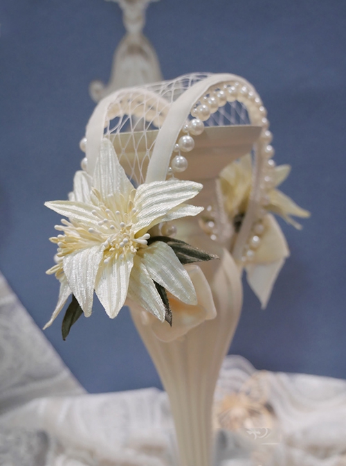 Twilight Lily Series Elegant Vintage Pearl Mesh Design Lily Hot Flower Bowknot Decoration Classic Lolita Headband
