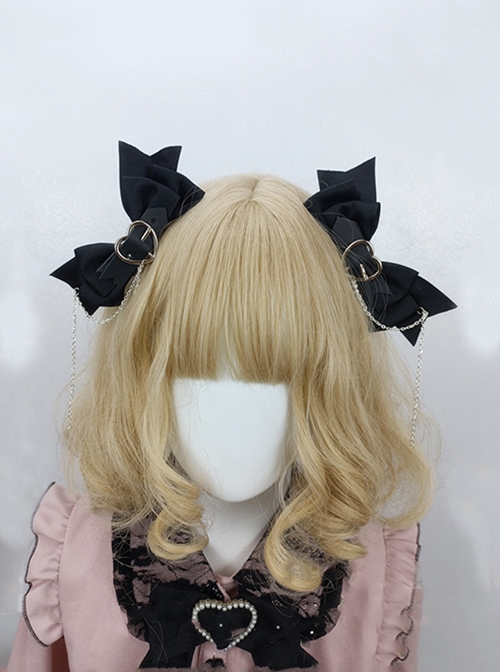 Sweet Cool Daily Alt Outfit Metal Heart Design Bowknot Chain Punk Lolita Pair Clip Hairpins