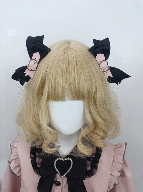 Sweet Cool Daily Alt Outfit Metal Heart Design Bowknot Chain Punk Lolita Pair Clip Hairpins