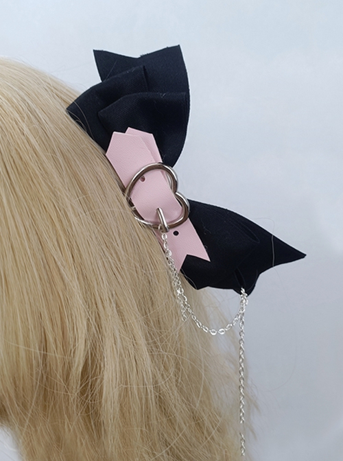 Sweet Cool Daily Alt Outfit Metal Heart Design Bowknot Chain Punk Lolita Pair Clip Hairpins