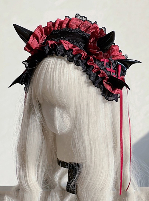 Devil Horn Series Gorgeous Retro Alt Outfit Devil Horn Ribbon Bowknot Lace Decoration Gothic Lolita Headband