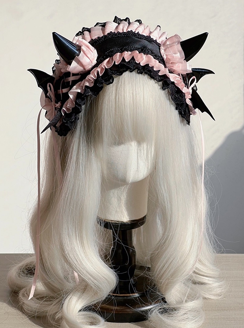 Devil Horn Series Gorgeous Retro Alt Outfit Devil Horn Ribbon Bowknot Lace Decoration Gothic Lolita Headband