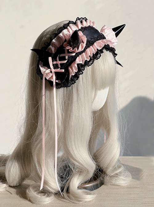 Devil Horn Series Gorgeous Retro Alt Outfit Devil Horn Ribbon Bowknot Lace Decoration Gothic Lolita Headband