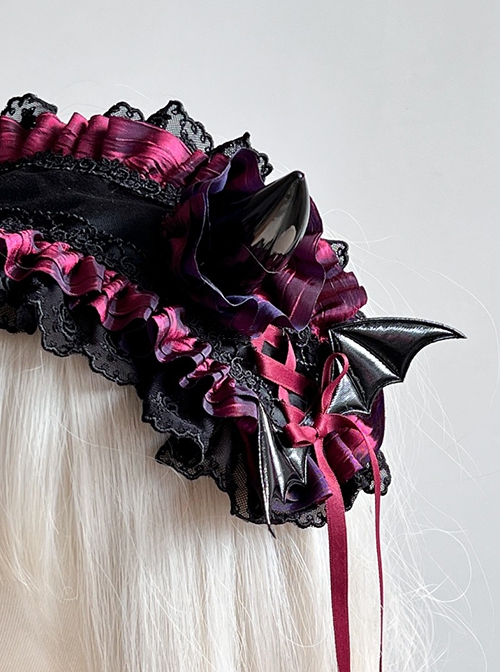 Devil Horn Series Gorgeous Retro Alt Outfit Devil Horn Ribbon Bowknot Lace Decoration Gothic Lolita Headband