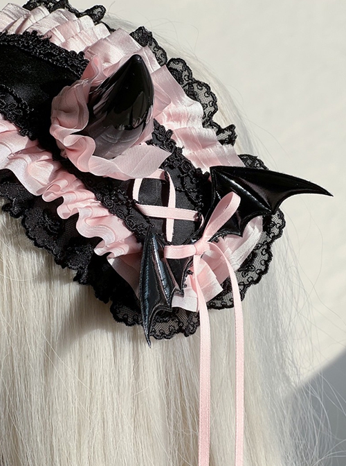 Devil Horn Series Gorgeous Retro Alt Outfit Devil Horn Ribbon Bowknot Lace Decoration Gothic Lolita Headband