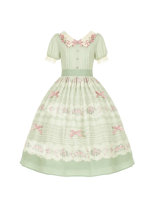 Windsor Love Letters Series Pastoral Style Embroidered Collar Handmade Bowknot Printing Heart Button Classic Lolita Lace Puff Short Sleeve Long Dress