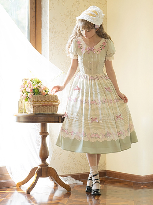 Windsor Love Letters Series Pastoral Style Embroidered Collar Handmade Bowknot Printing Heart Button Classic Lolita Lace Puff Short Sleeve Long Dress