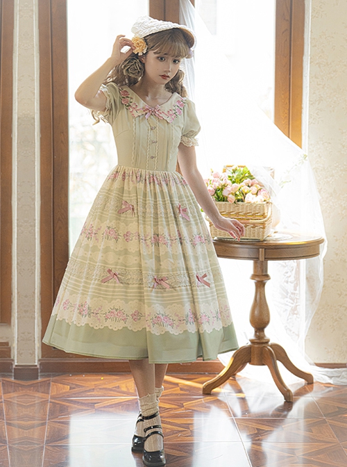 Windsor Love Letters Series Pastoral Style Embroidered Collar Handmade Bowknot Printing Heart Button Classic Lolita Lace Puff Short Sleeve Long Dress