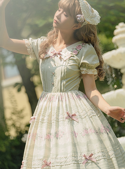 Windsor Love Letters Series Pastoral Style Embroidered Collar Handmade Bowknot Printing Heart Button Classic Lolita Lace Puff Short Sleeve Long Dress