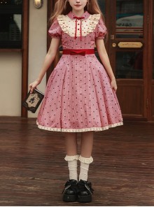 Limited Sweetheart Series Retro Cute Ruffle Bowknot Neckline Plaid Heart Pattern Sweet Lolita Short Sleeve Dress