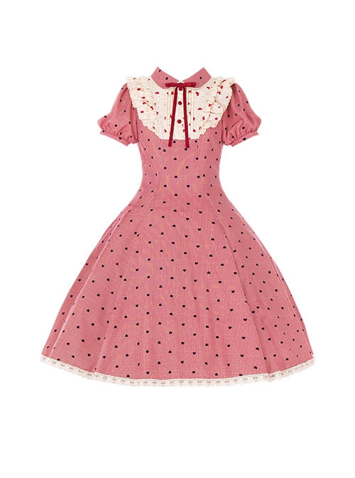 Limited Sweetheart Series Retro Cute Ruffle Bowknot Neckline Plaid Heart Pattern Sweet Lolita Short Sleeve Dress