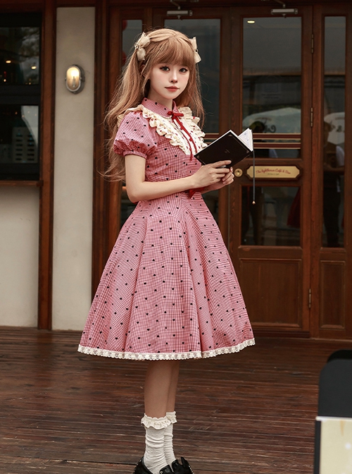 Limited Sweetheart Series Retro Cute Ruffle Bowknot Neckline Plaid Heart Pattern Sweet Lolita Short Sleeve Dress