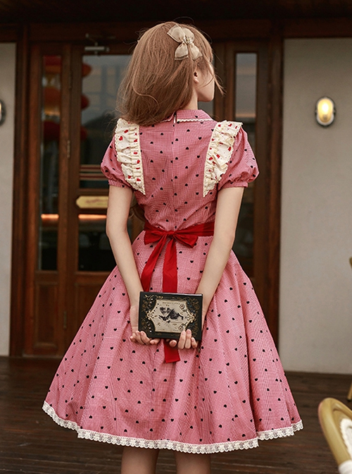 Limited Sweetheart Series Retro Cute Ruffle Bowknot Neckline Plaid Heart Pattern Sweet Lolita Short Sleeve Dress