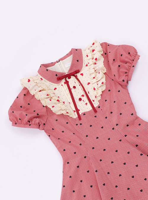 Limited Sweetheart Series Retro Cute Ruffle Bowknot Neckline Plaid Heart Pattern Sweet Lolita Short Sleeve Dress