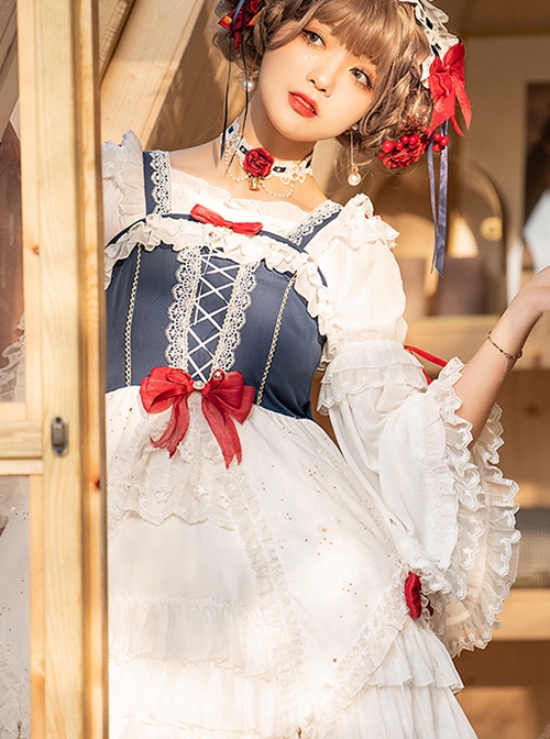 Weaving Star Snow White Series Multi Layered White Lace Red Bowknot Embellished Classic Lolita Long Sleeved Shirt