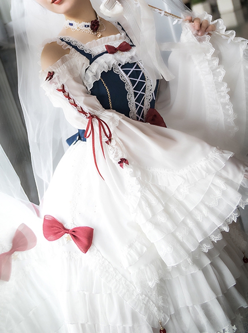 Weaving Star Snow White Series Multi Layered White Lace Red Bowknot Embellished Classic Lolita Long Sleeved Shirt