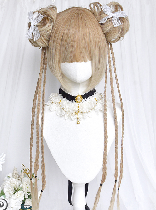 Bubble Gum Series Chinese Style Three Strand Braid Sweet Neat Bangs Ball Head Braid Bouquet Detachable Clip Bobo Head Wig