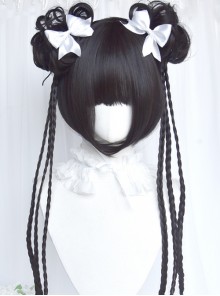 Bubble Gum Series Chinese Style Three Strand Braid Sweet Neat Bangs Ball Head Braid Bouquet Detachable Clip Bobo Head Wig