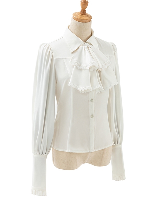 Miss Leisha Series White Ornate Pleated Trim Grace Lamb Shank Sleeve Button Decoration Pointed Neckline Classic Lolita Blouse
