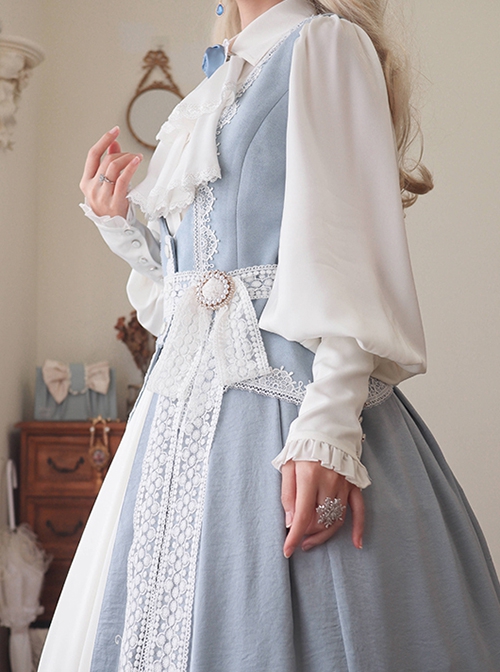 Miss Leisha Series White Ornate Pleated Trim Grace Lamb Shank Sleeve Button Decoration Pointed Neckline Classic Lolita Blouse